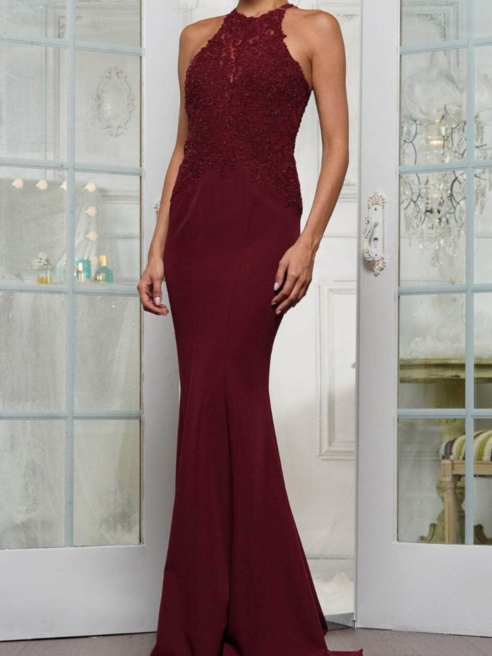 Rina diMontella Wine Lace Halter Evening Gown